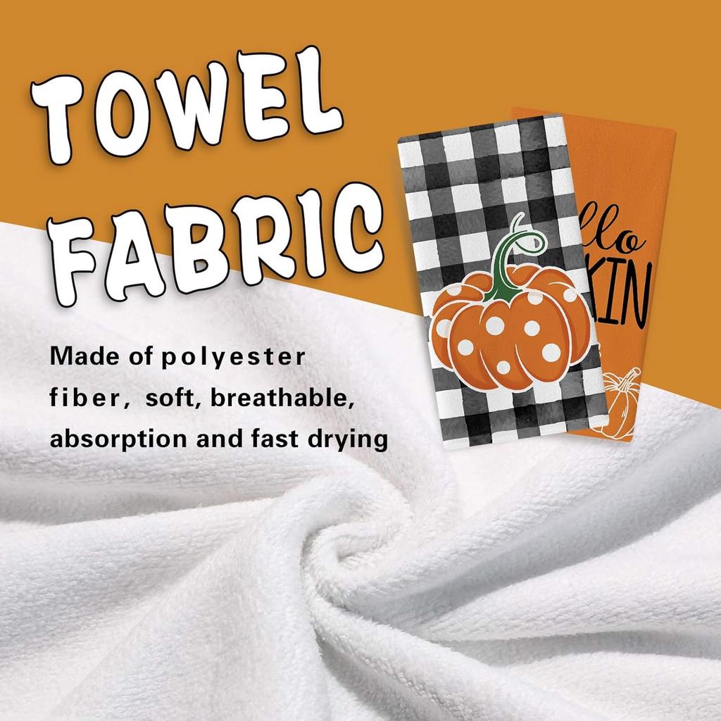 Fall Hello Pumpkin Kitchen Dish Towels Set of 2, Autumn Thanksgiving Buffalo Plaid Drying Hand Towel Baking Cooking Cloth, Polka Dots Seasonal