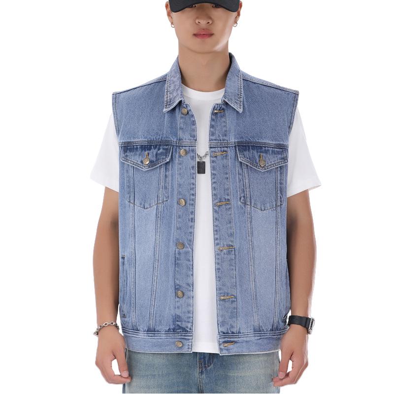 Men's Blue Denim Sleeveless Workwear Vest with Multi-Pockets for Spring and Autumn