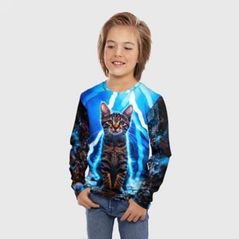 Children's Tie Dye Cartoon Kitten Print T-shirt Boys Cute Long Sleeved Soft Comfortable Top