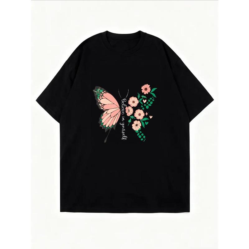 White T-Shirt With Butterfly And Floral Print For Casual Wear