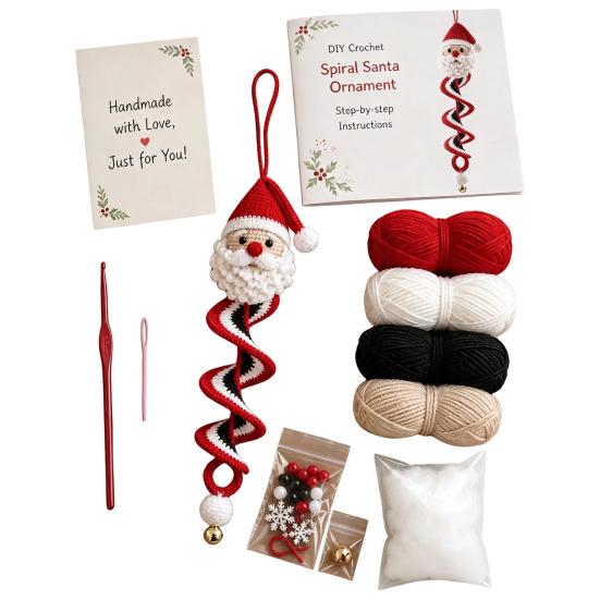 Kreativt Hantverksset Virkad Docka Spiralprydnad DIY-Kit, Julpyssel med Julgran Mjukt Garn, Pärlor, Hängs för Fönster Vägg Skåp