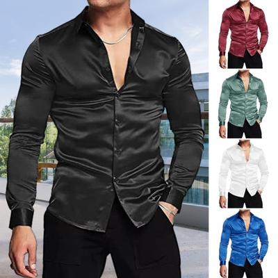 Cămașă de Gală pentru Bărbați, Lucioasă, Culoare Solidă, Mânecă Lungă, Cămașă de Afaceri cu Nasturi, Casual, Slim Fit, pentru Baluri de Promovare, Nunti