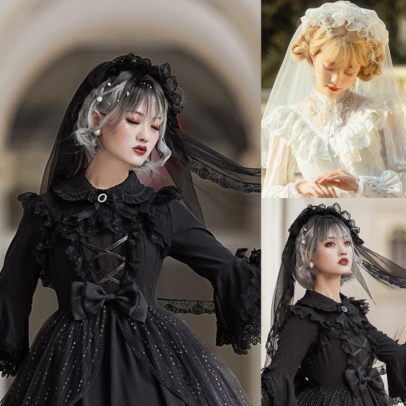 Vintage Brides Lace Veil Headdress Black White Lolita Veil for Outdoor Occasions