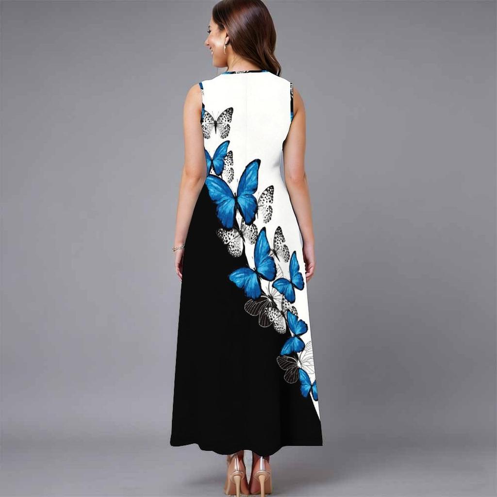 Oversized Female Sleeveless Crew Neck Dress Gentle Watercolor Flower Cluster Loose Midi Dress