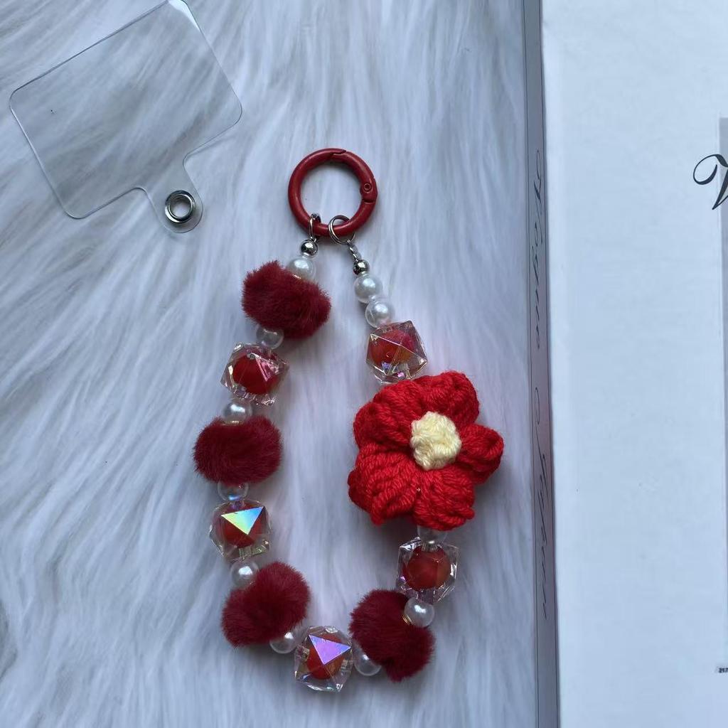 Wool Flower Beaded Phone Chain & Keychain: Cute Plush Bracelet & Bag Pendant Accessory