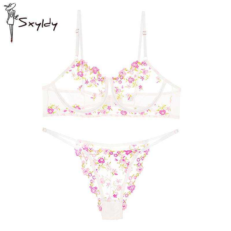 Seturi de Sutiene Sexy Dulci din Plasă Franceză, Frumoase, cu Broderie Florală, Chilot cu Flori