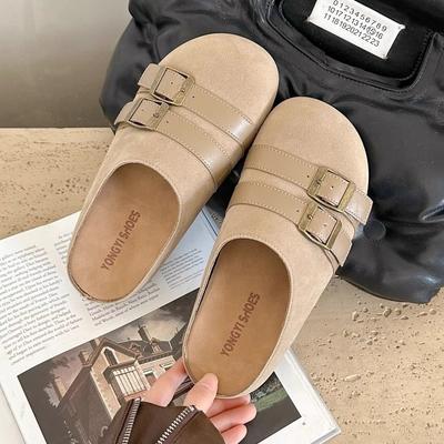 Baotou Half Slippers Women's Spring Wear New Retro Flat-bottomed Leather Buckle One-pedal Slippers