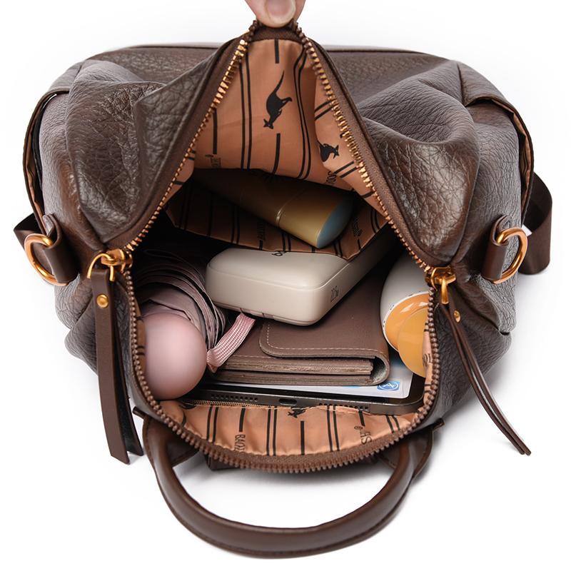 Women PU Leather Backpack Multifunctional Vintage Badge Shoulder Bag Large Capacity Anti‑theft Travel Crossbody Bag Casual Ladies Handbag For Daily