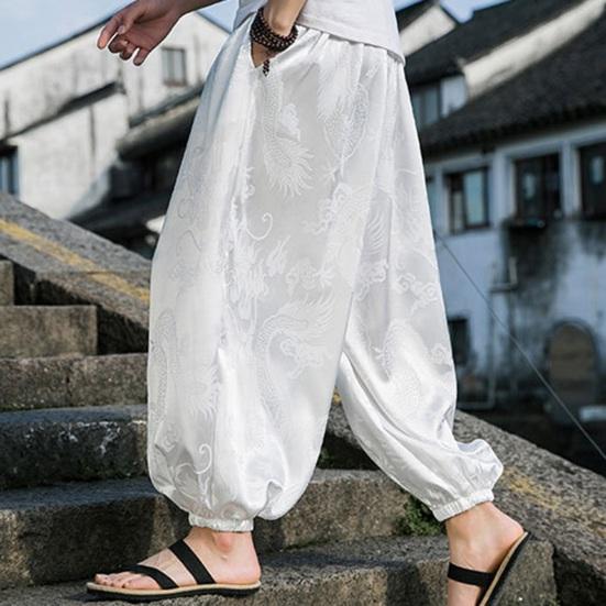 Herrenhose Laternenhose Hippie Boho Baggy Drachenmuster Locker Knöchelbündchen Weich Atmungsaktiv