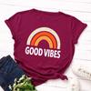Summer Pure Cotton Women's Rainbow GOOD VIBES Printed Loose Round Neck Short Sleeved T-Shirts Women’s