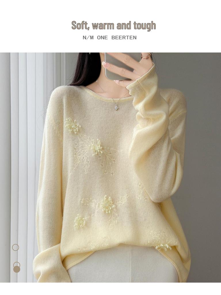 Women's Pure Wool Firework Embroidered White Sweater - Autumn/Winter Loose Knit Pullover
