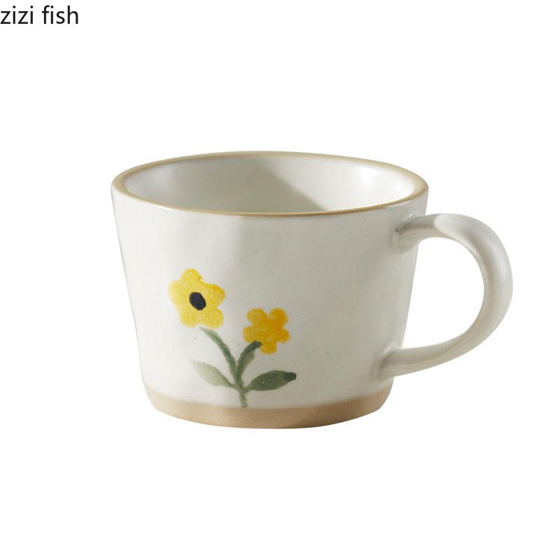 Retro Ceramic Mug Hand Painted Flower Pattern Coffee Mug Household Water Cup Tea Cup Office Milk Tea Cups Beverage Cups