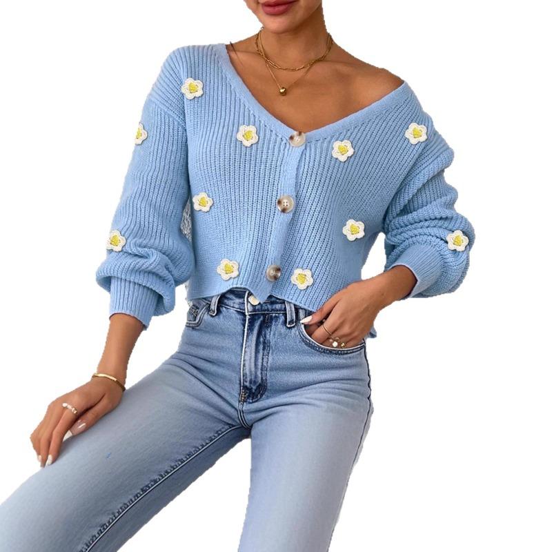 Women Loose Long Sleeve V Neck Cropped Hand Crochet Flower Patchwork Cardigan Sweater