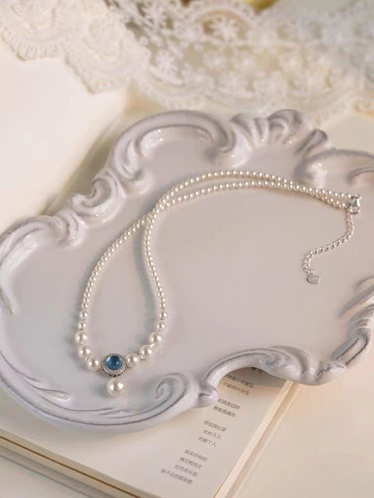 925 Sterling Silver Aquamarine Zhengyuan Shijia Pearl Necklace Temperament Water Drop Type Collarbone Chain French Light Luxury Collarbone Chain 925 silver