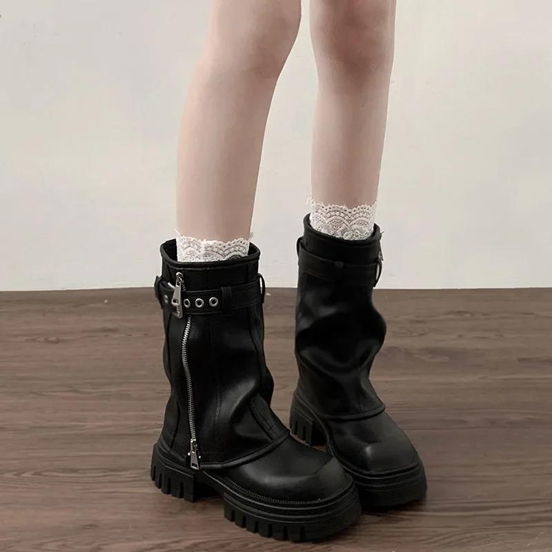 Women's Mid-Calf Boots Fashion Belt Buckle Ladies Shoes Women's Knight Booties Elegant Platform Flats Short Booties Casual Shoes