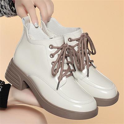 Fashion Comfortable Vintage Patent Leather Plus Velvet Warmth Platform Shoes Women 2024 Square Heels Office Mom Ankle Boots