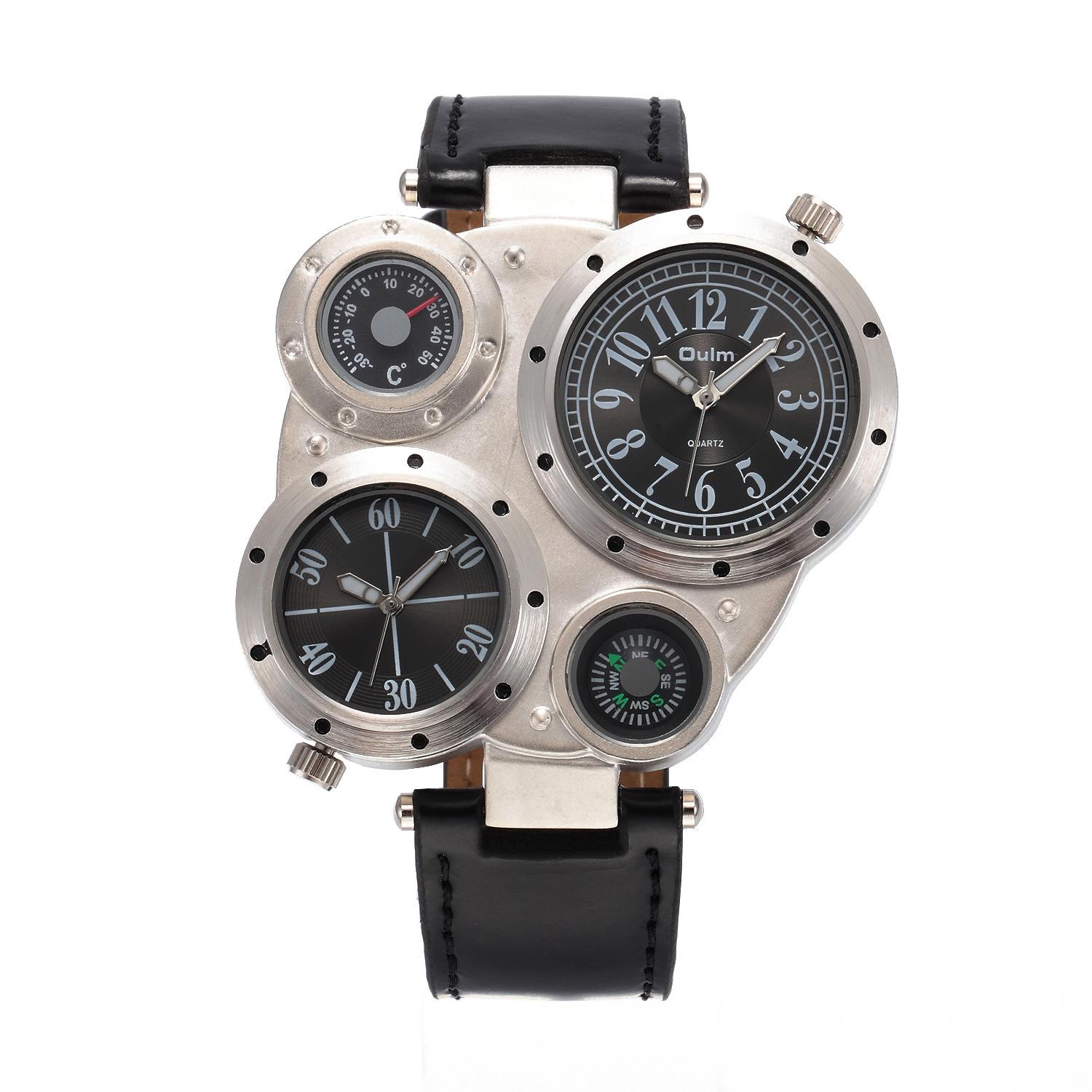 

Oulm Dual Time Zone Men S Belt Watch, Large Dial Compass Quartz Watch чорний