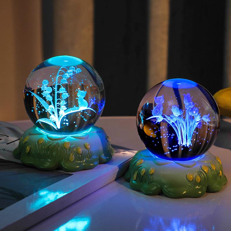 3D Geschnitzte Rose Nelke Kristallkugel Nachtlicht - Kreatives Feiertagsdekorationsgeschenk