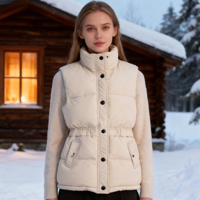 Autunno Inverno Donna Fodera in cotone Gilet corto Parka Giacca Cappotto Colletto rovesciato Stile preppy Tasche con cerniera Coulisse in vita Senza maniche Solido M-5XL