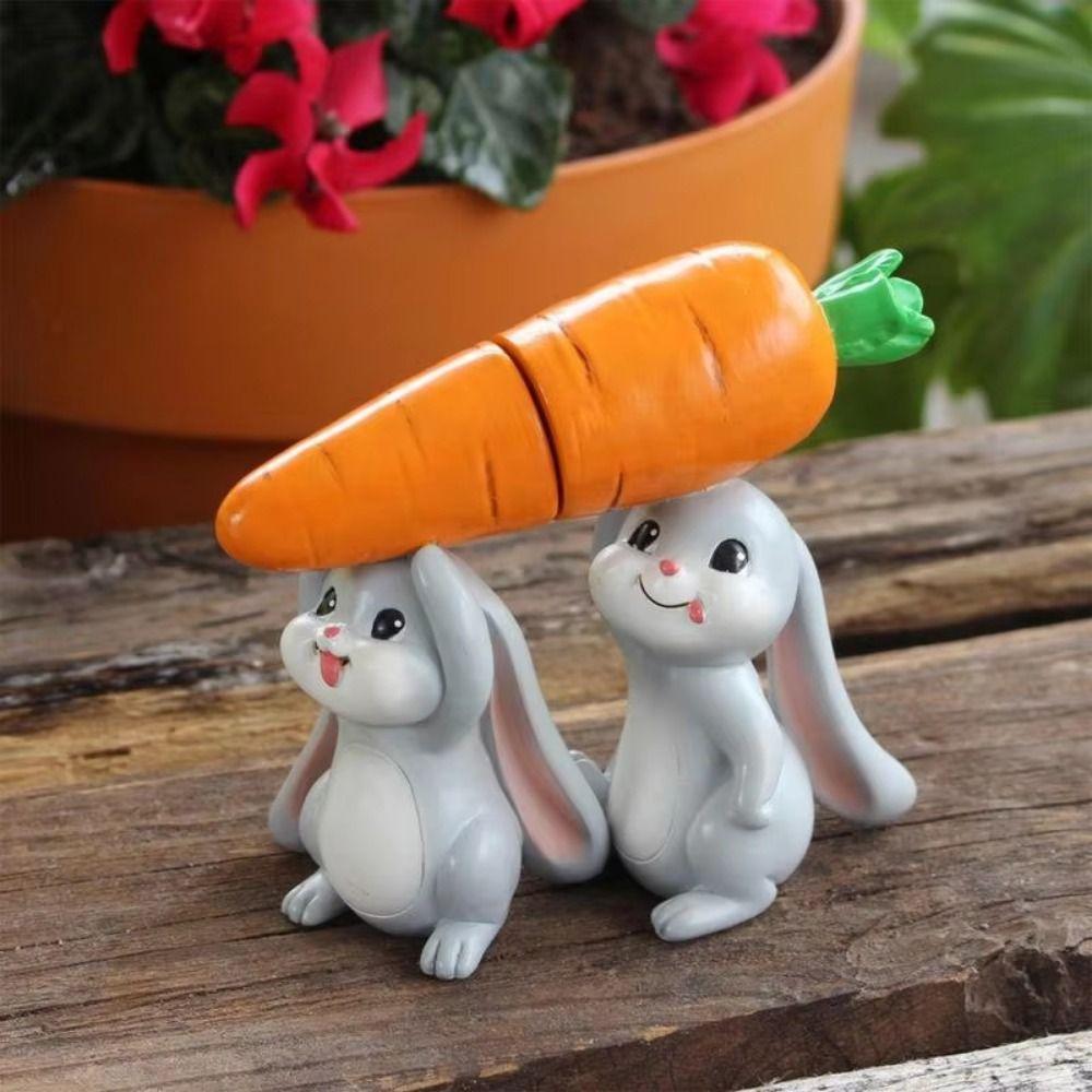 2Pcs/Set Colorful Cute  Easter Bunny Figurine Carrot-Carrying Bunny Statue  Tabletop Decor