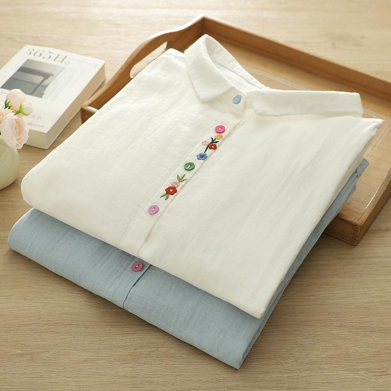 Artistic and fresh breathable cotton gauze turn-down collar short-sleeve shirt for women, casual summer double-layer gauze top