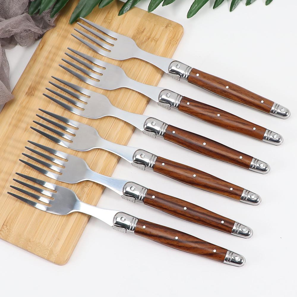Jaswehome 4/6/24Pcs Wood Grain Dinnerware Serrated Steak Knives Set Full Tang Table Utensil Dinner Spoon Fork