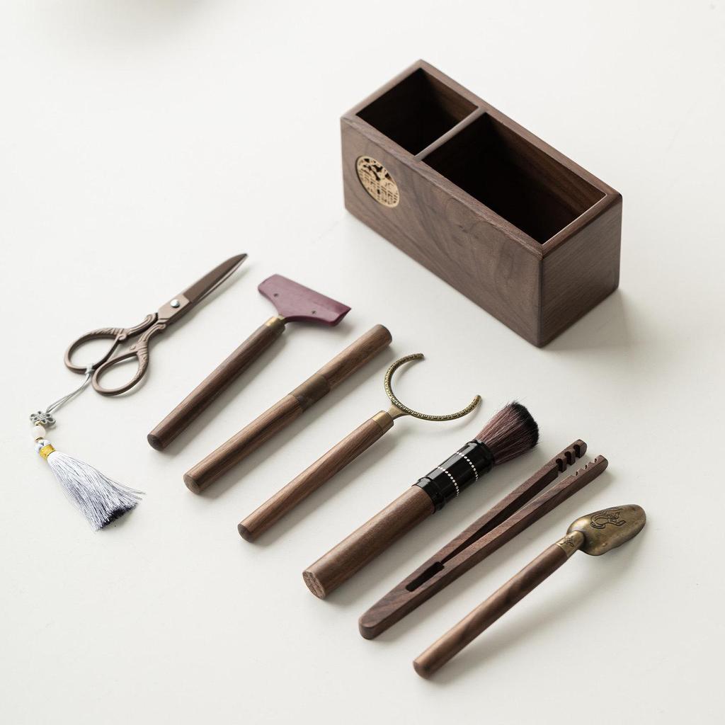 Walnut Wood Tea Ceremony Set: Kung Fu Tea Accessories - Tea Knife, Tea Tongs & Brewing Tools.