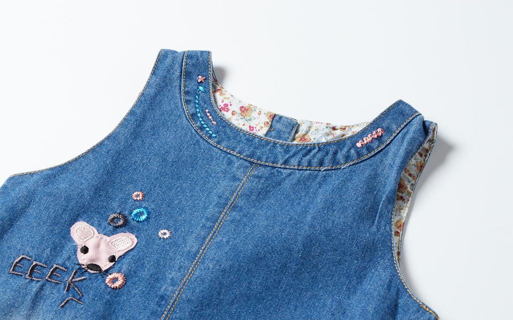LittleSpring Kids' Denim Jumper Skirt with Floral Embroidery and A-Line Design, Size 100, for Girls