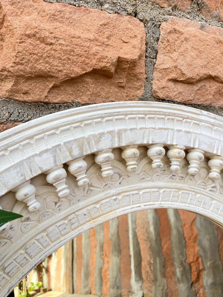 Wooden Carved Round Wall Mirror-Distressed White Finish Mirror, Boho Wall Decor, Indian Accent Mirror for Bedroom or Living Room Home Decor