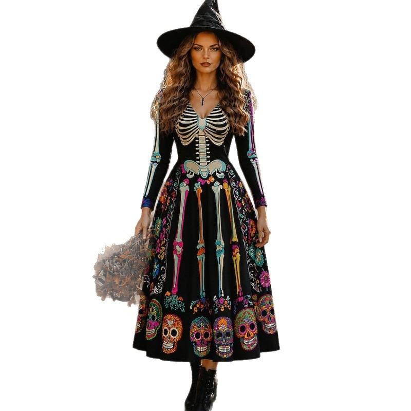 Halloween Long A-Line Dress Vintage Bohemian Style Skull Print V-Neck Full Sleeve Party Wear