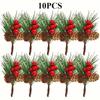 10pcs Artificial Pine Picks with Pine Needles, Pinecones & Red Berries - Durable Plastic Christmas Decor for Wreaths, Xmas Tree