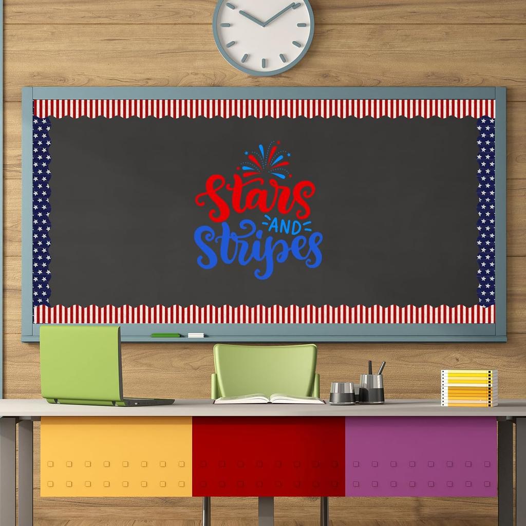 Whaline 69Ft 4th of July Bulletin Board Border 60Pcs Patriotic Stars Stripes Trim Border Stickers for Independence Day Memorial Day School Classroom