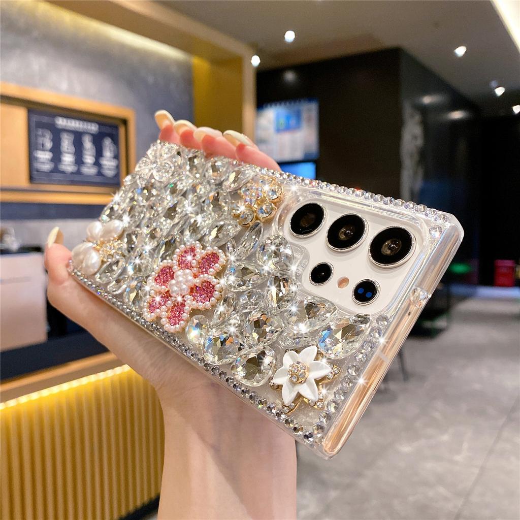 Bling Pink Pearl Flower Case For Samsung Galaxy S26 S25 S24 Ultra S23 S22 Plus Note 20 Glitter Rhinestone Silver Diamond Cover