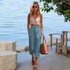 Women's Cotton Linen Wide Leg Pants, Drawstring Casual Cropped Trousers Loose Palazzo Pants with Pockets