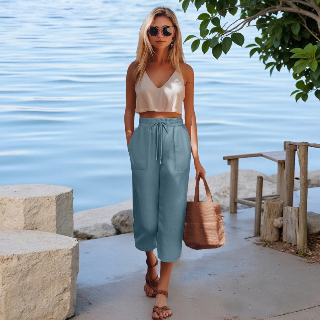 Women's Cotton Linen Wide Leg Pants, Drawstring Casual Cropped Trousers Loose Palazzo Pants with Pockets