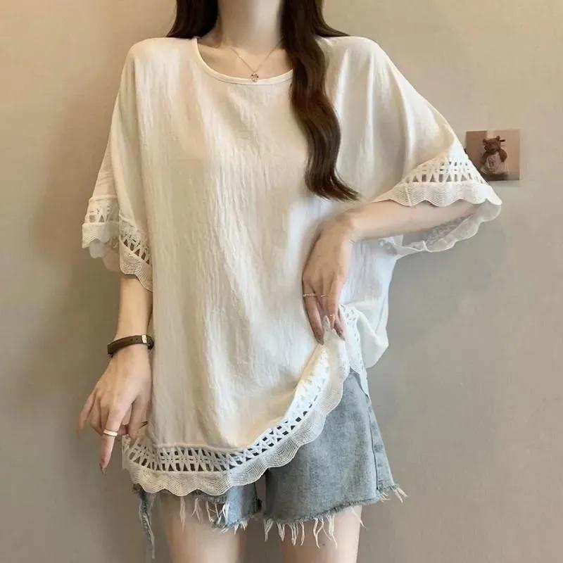 

Вільний повсякденний та універсальний топ-футболка з мереживною вставкою та коротким рукавом для жінок L білий