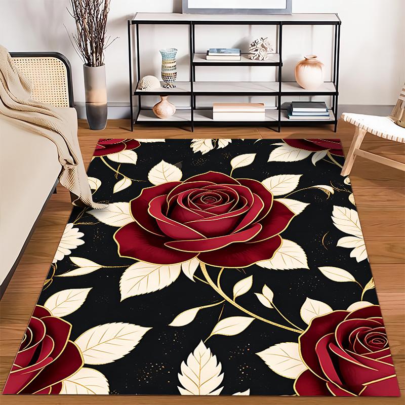 Large Red Roses Pattern Carpet with Black Background and Gold Accents Suitable for use as an anti-slip for living room bedroom sofas