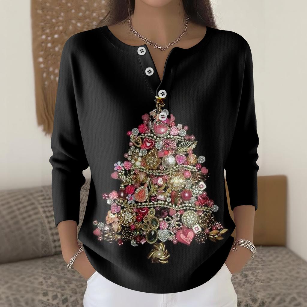 Women's Fashion Long Sleeve Christmas Snowflake Print Top Elegant Casual Top