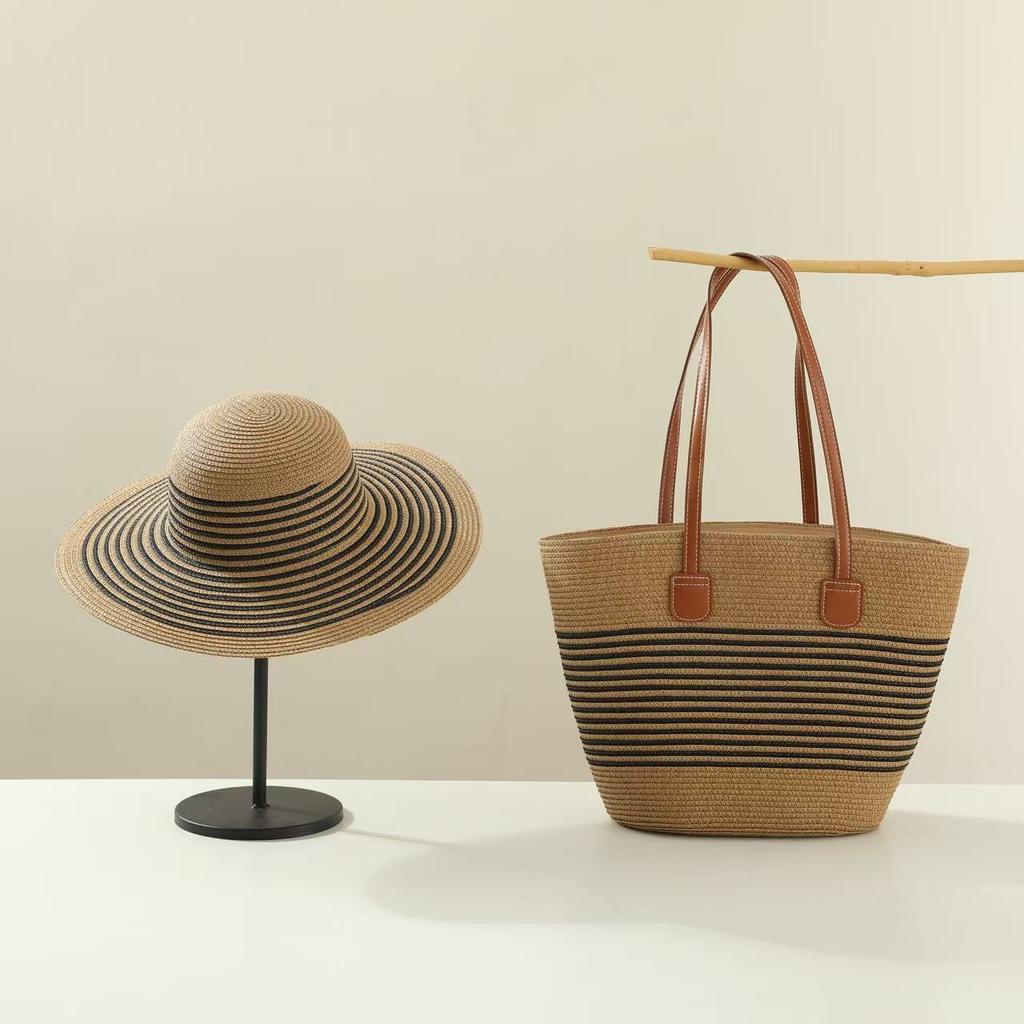 1 Conjunto Chapéu de Sol Estilo Boêmio Feminino + 1 Bolsa de Ombro, Estilo Férias, Chapéu de Palha de Ombro Bolsa Tote de Praia para Viagem de Verão Férias