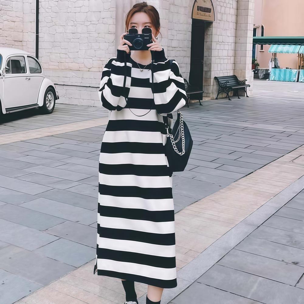 Spring and Autumn New Black and White Striped Long Sleeve Dress Loose Casual Skinny Split Knee Long T-Shirt Skirt Children