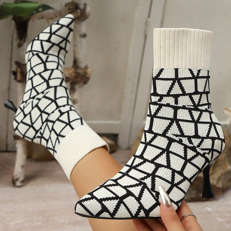 Fashion Autumn Fashion Plaid High Heel Boots Women Breathable Knitted Mesh Sock Boots Woman Pointed Toe Plus Size 36-43 Botas Ladies
