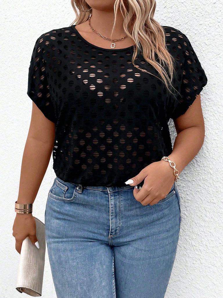 Haut Court Manches Courtes Assemblé à Franges pour Femmes Grande Taille - T-shirt Tricot Sexy ajouré.