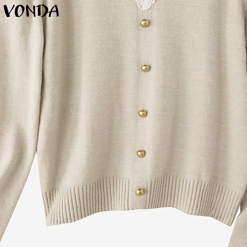 VONDA Autumn Winter Women Lace V Neck Long Sleeve Knitted Pullover Sweaters Jumpers
