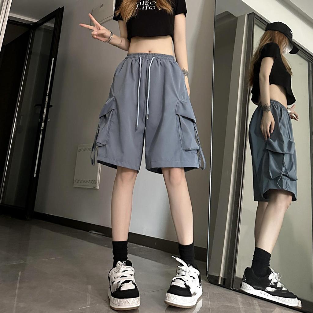 Summer Cargo Shorts Women Black Oversized Wide Leg Shorts Streetwear Fashion High Waist Baggy Short Pants