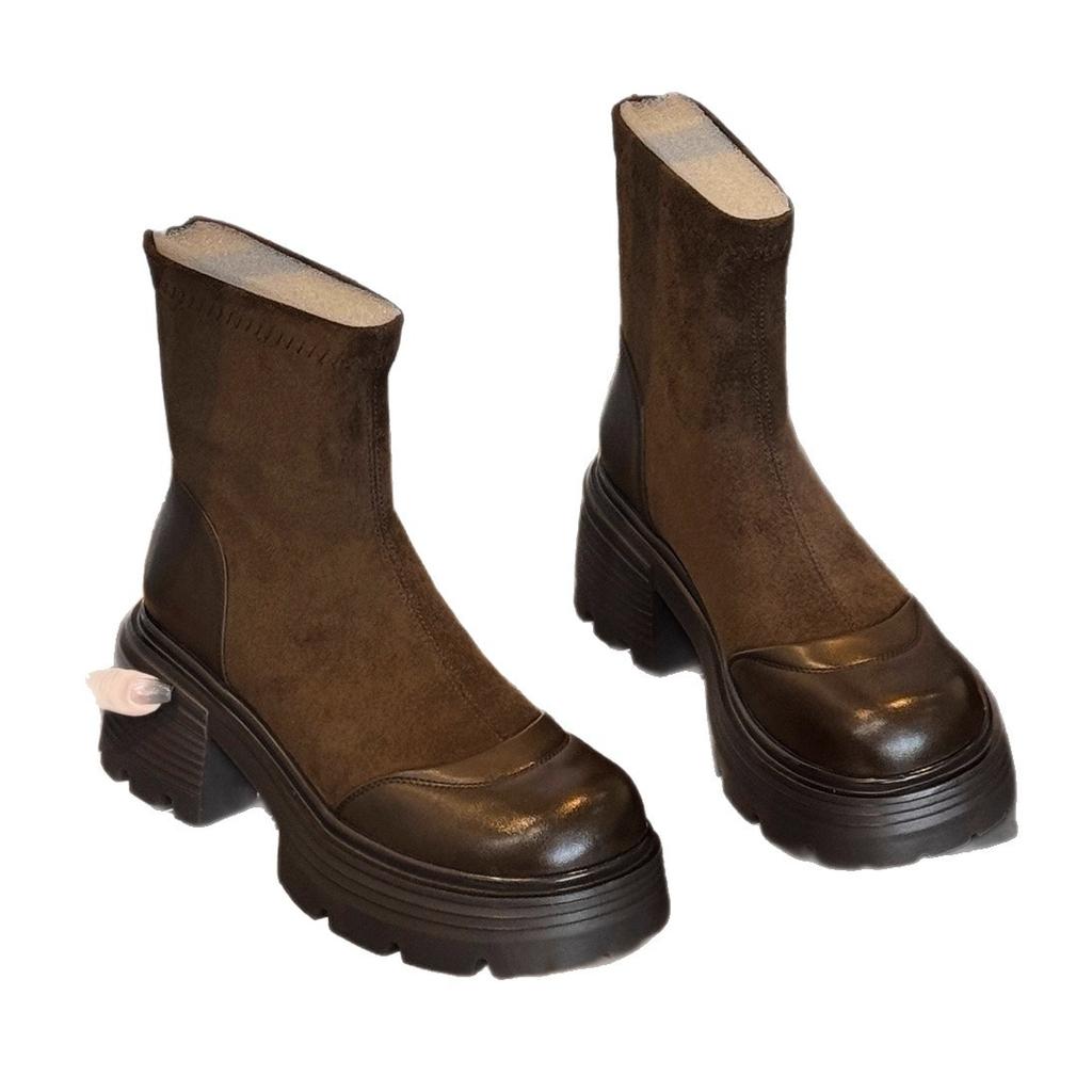 7Cm height-increasing short boots women's thick heel high heel 2025 spring and autumn new versatile Maillard leather Martin boots