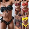 Women's Polka Dot Leopard Print Bandeau Bikini Set Knotted Front Side Tie Cheeky High Cut Sexy Retro Summer Beach Swimwear