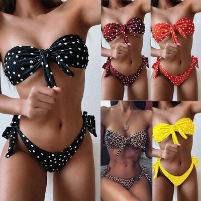 Damen Polka Dot Leopard Print Bandeau Bikini Set Geknotete Vorderseite Seitenbänder Knappe Hoher Schnitt Sexy Retro Sommer Strand Bademode