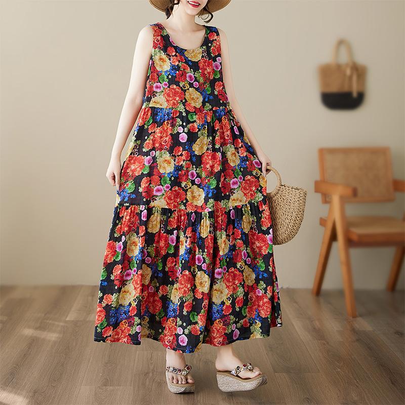 Dimanaf Plus Size Dress Summer Women Vintage Linen Elegant Style Sleeveless Floral Loose New Long Dress 8026