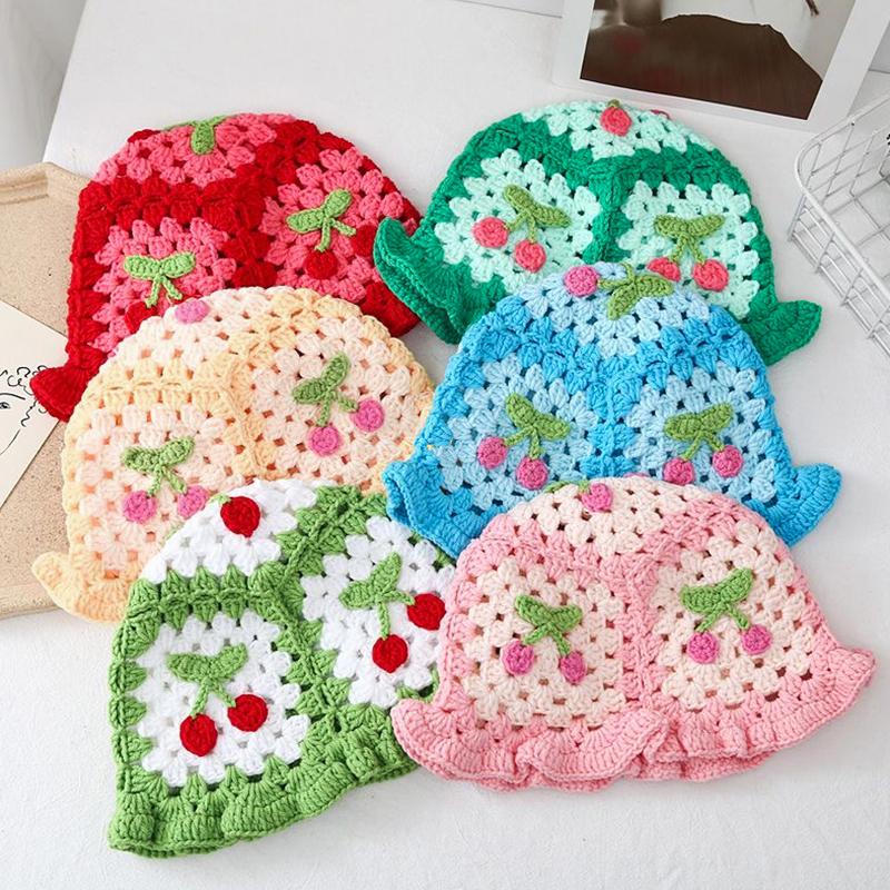 Women Cherry Theme Stretchy Knitted Hat Fashion Hollow Ruffles Vibrant Bucket Hat Bowler Hat Handmade Crochet Cute 58cm