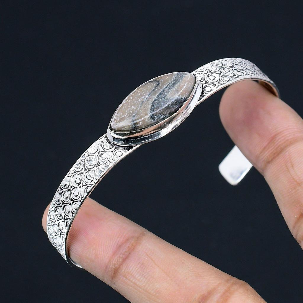 Marquise Spider Web Jasper Gemstone Sister Elegant Trendy Bangle Sterling Silver